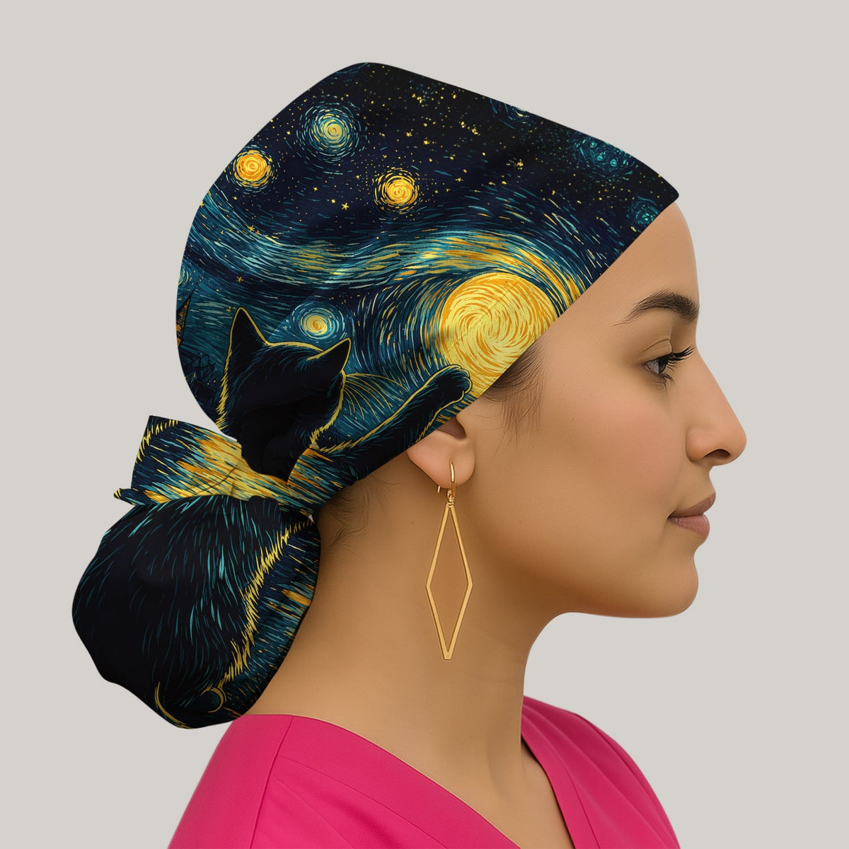 Starry Moonlit Black Cat Scrub Cap