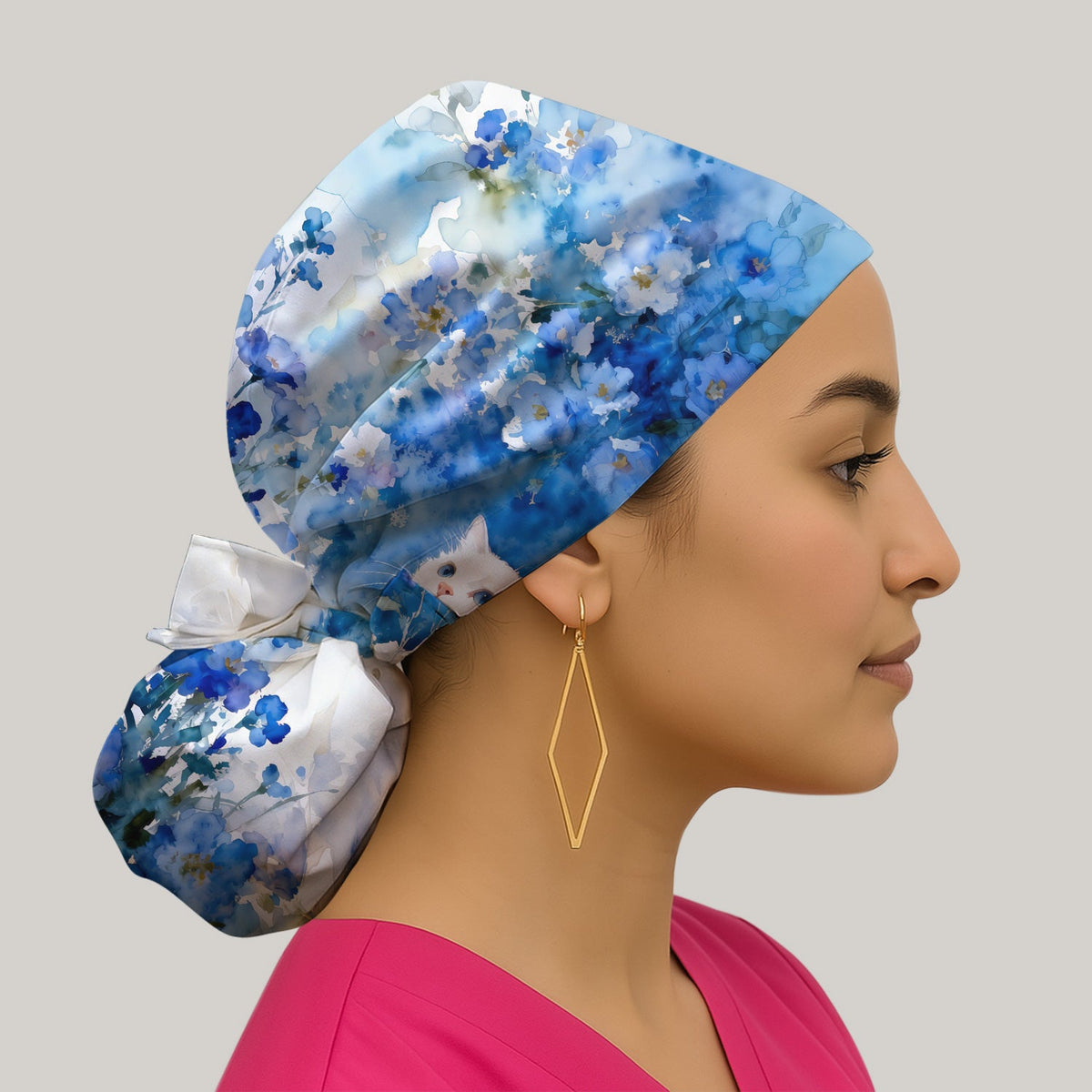 Adorable Blue Floral White Cat Scrub Cap
