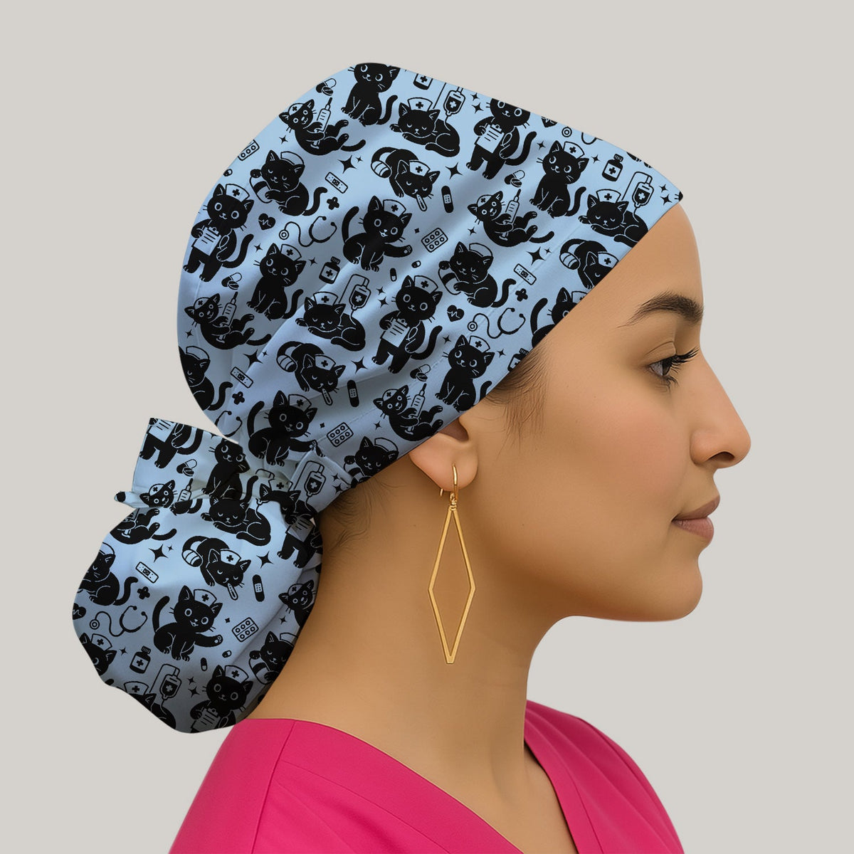 Cute White Black Cat Nurse Scrub Cap
