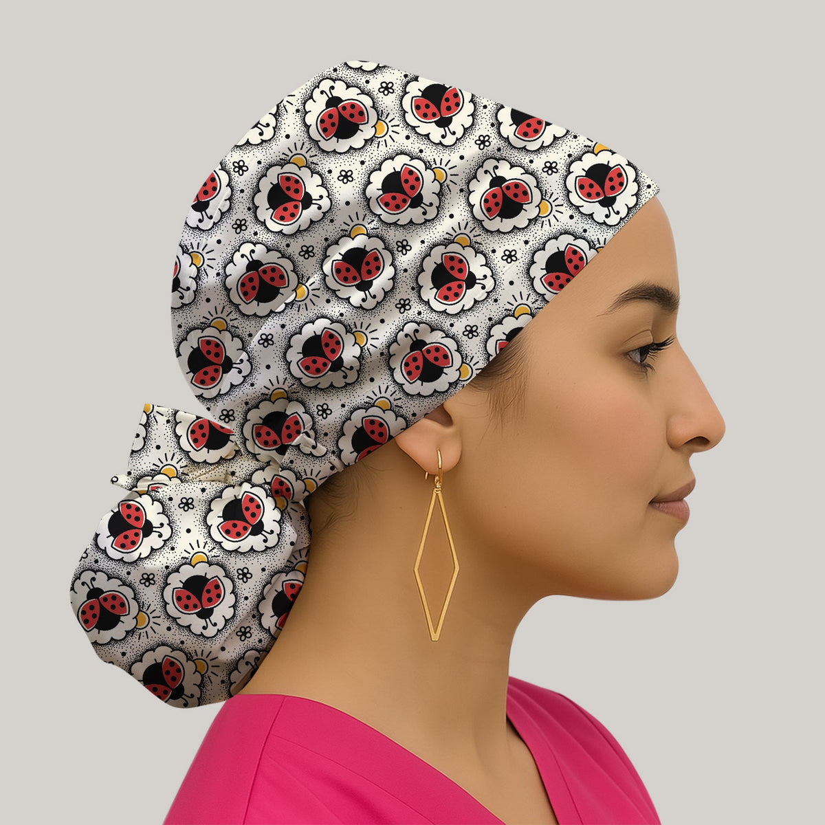 Ladybug Floral Frame Scrub Cap