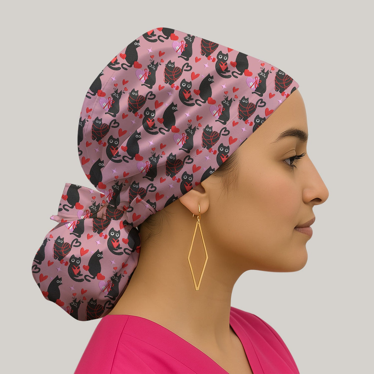 Valentine's Day Black Cat Heart Scrub Cap