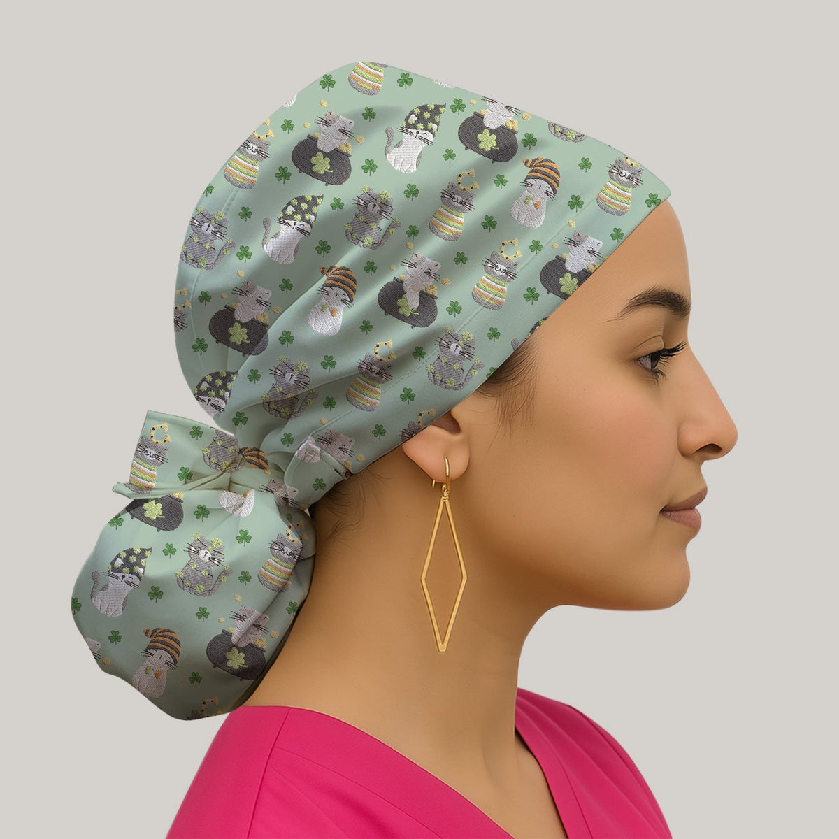 St Patrick Lucky Cat Shamrock Scrub Cap