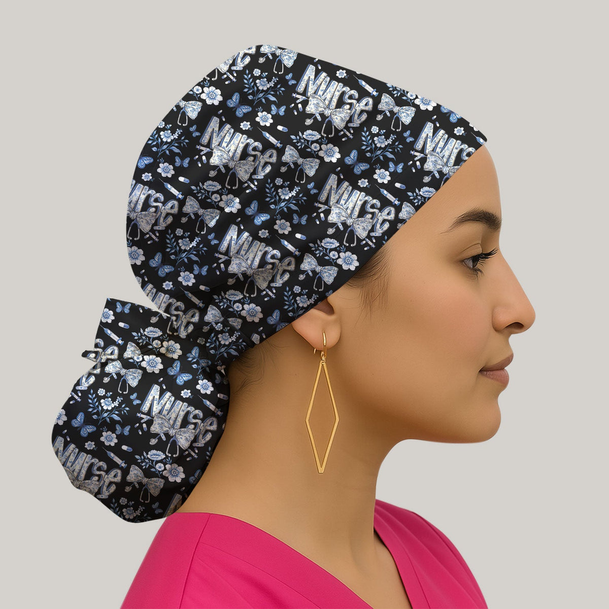 Blue Nurse Bow Butterfly Floral Scrub Cap
