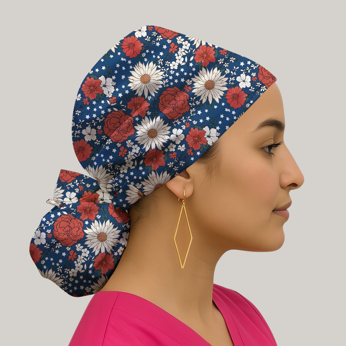 Red White Blue Floral Scrub Cap