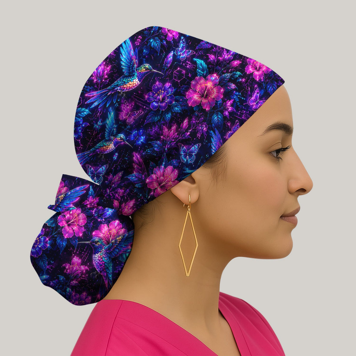 Neon Hummingbird Butterfly Bloom Scrub Cap