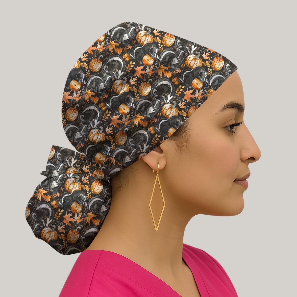 Skunk Pumpkin Autumn Leaves Scrub Cap