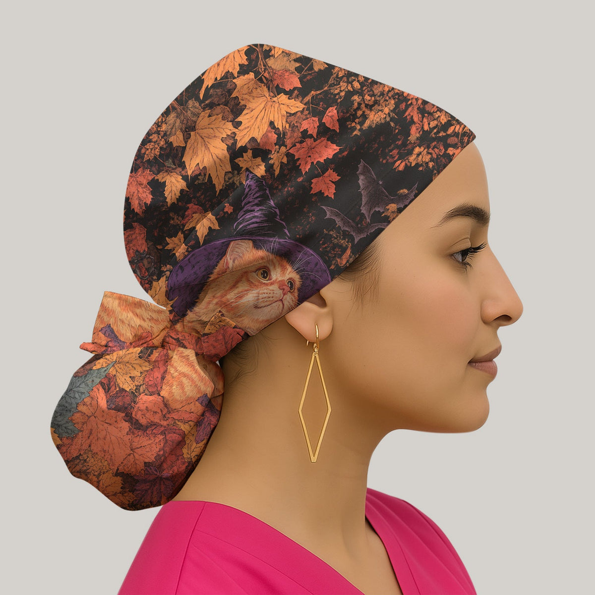 Autumn Cat Fall Leaves Scrub Cap