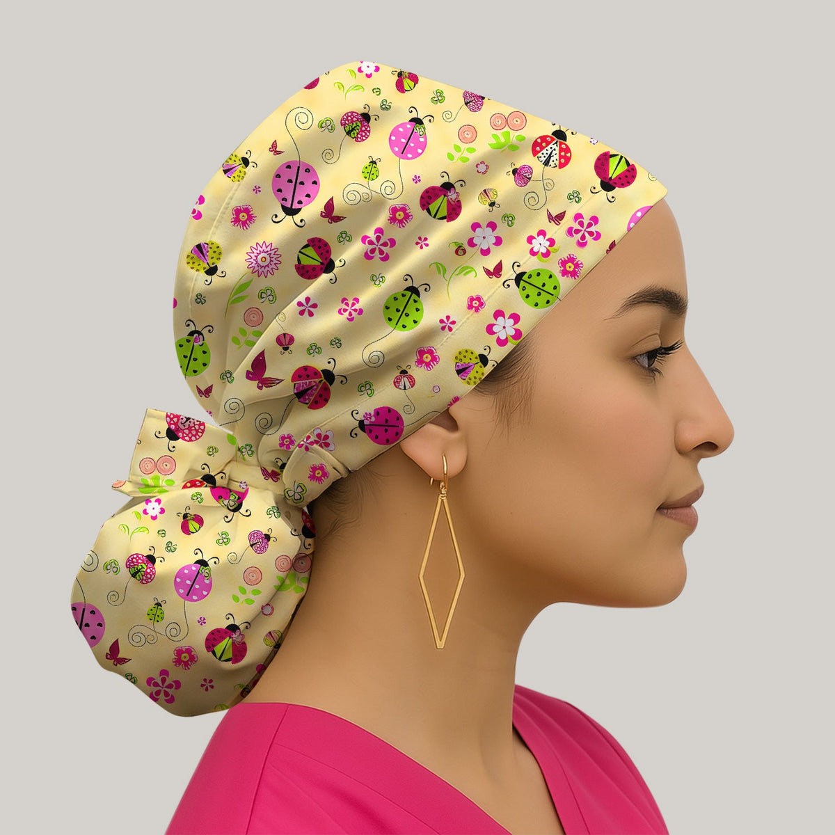 Yellow Ladybug Floral Garden Scrub Cap