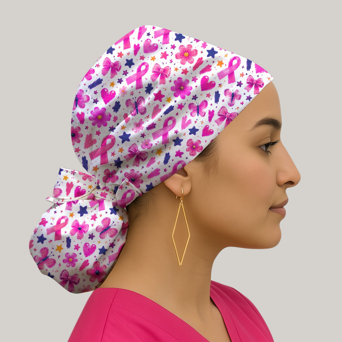 Pink Ribbon Floral Scrub Cap