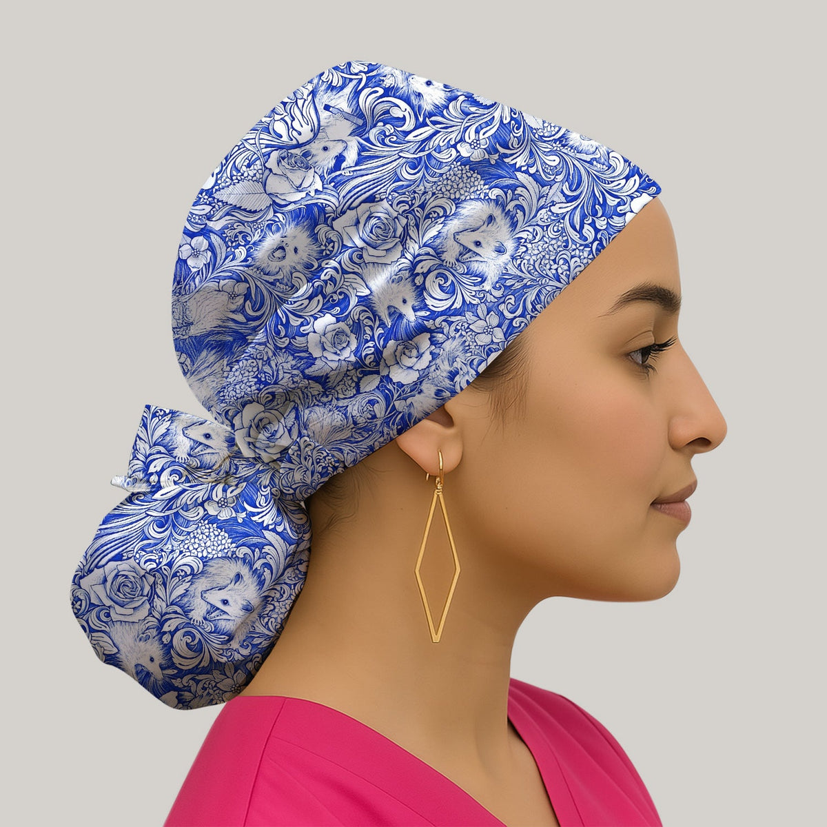 Blue Floral Opossum And Roses Scrub Cap