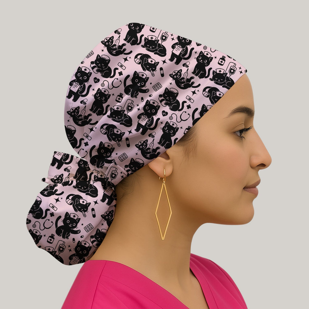 Cute White Black Cat Nurse Scrub Cap