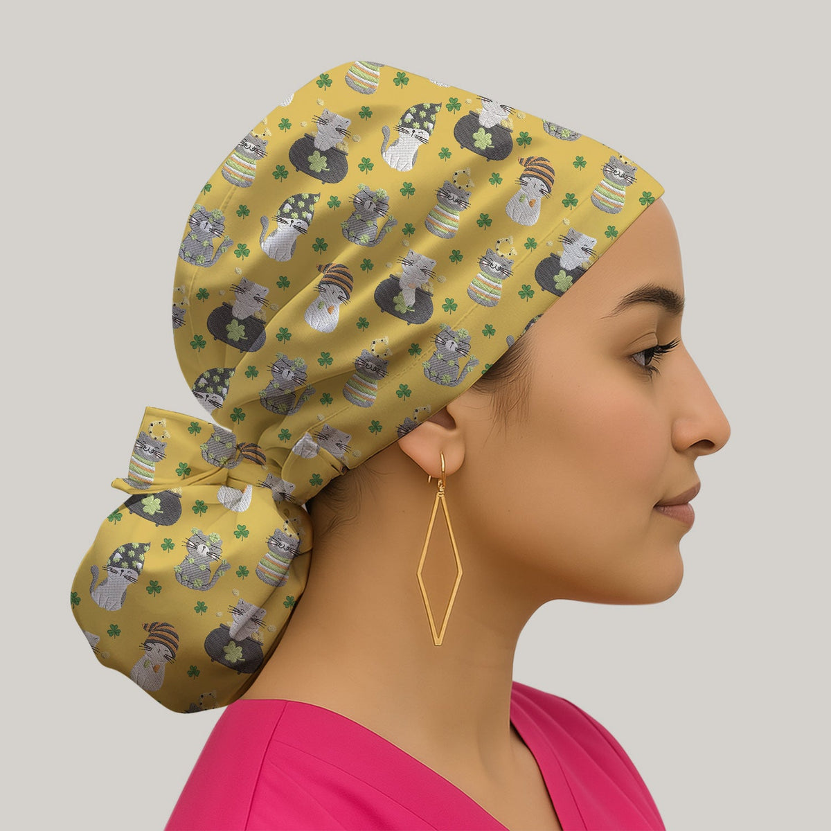 St Patrick Lucky Cat Shamrock Scrub Cap