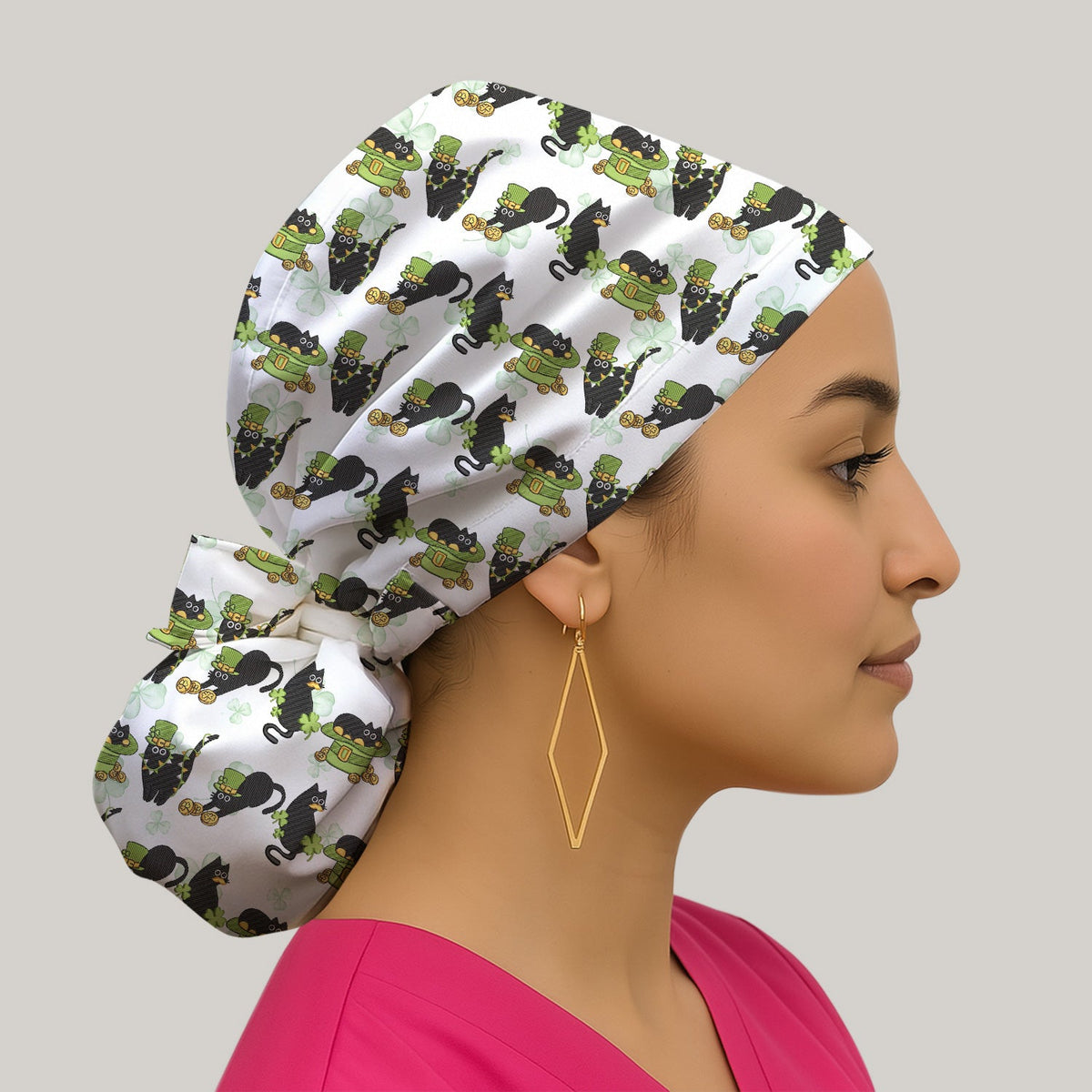 St Patrick Black Cat Clover Scrub Cap