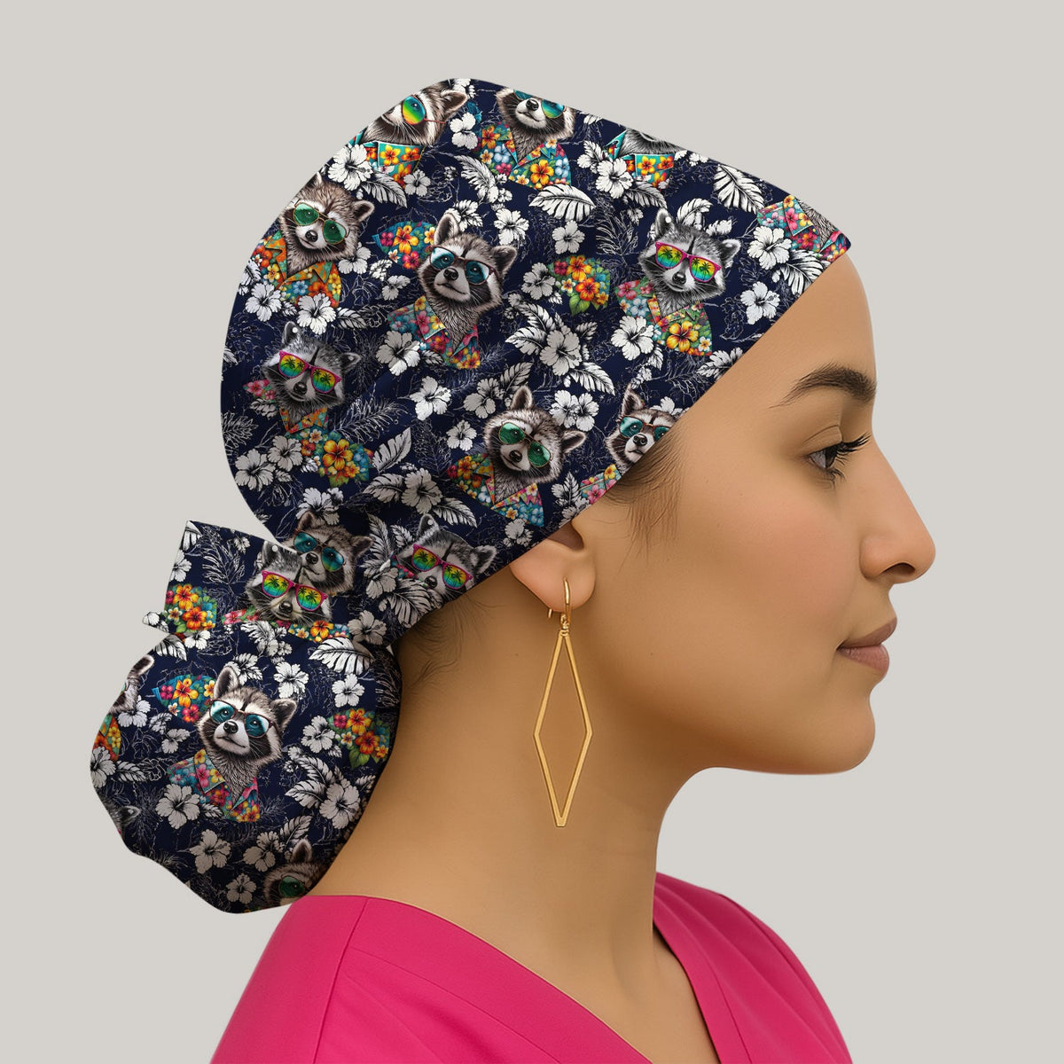 Tropical Raccoon Floral Scrub Cap