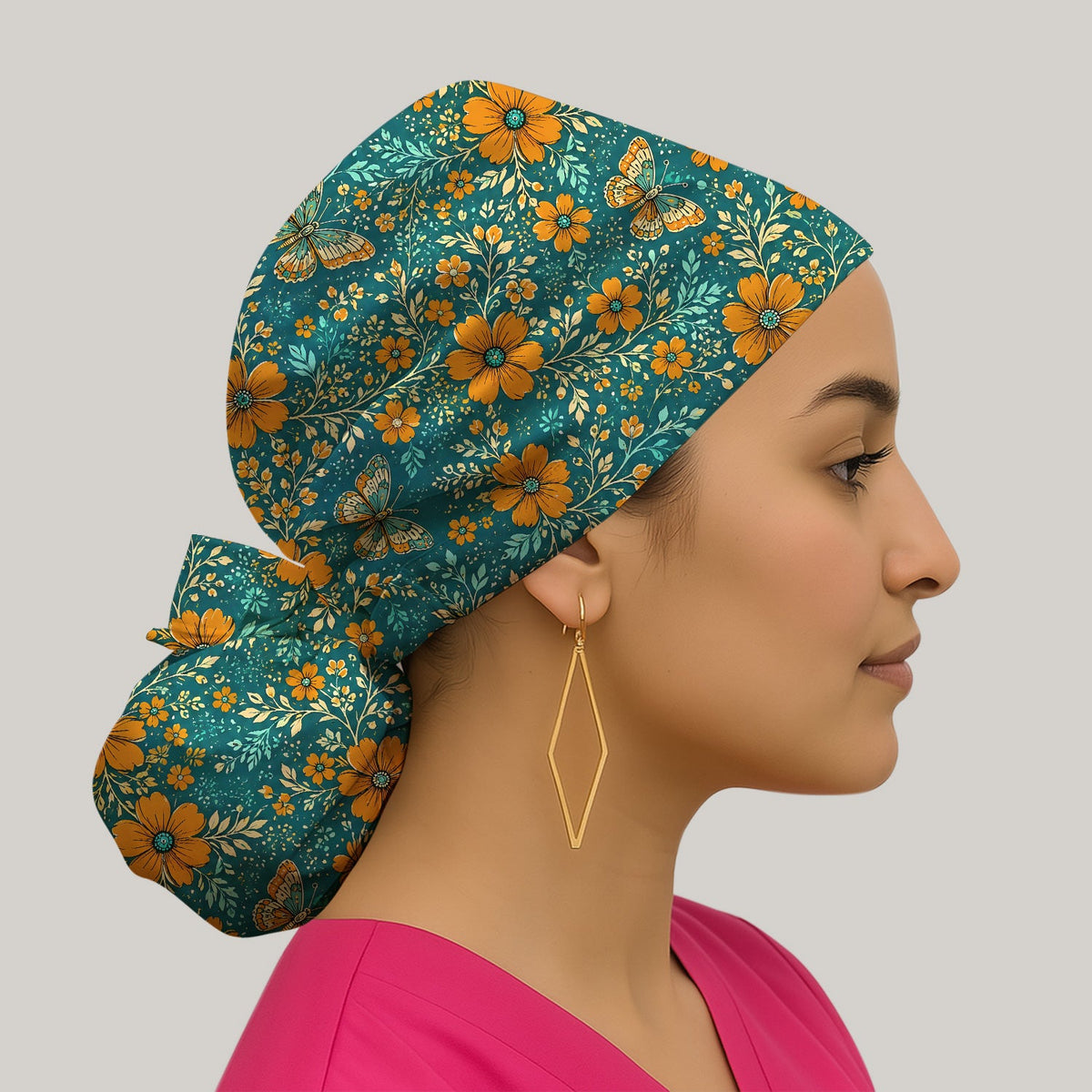 Orange Floral Butterfly Vine Nurse Scrub Cap