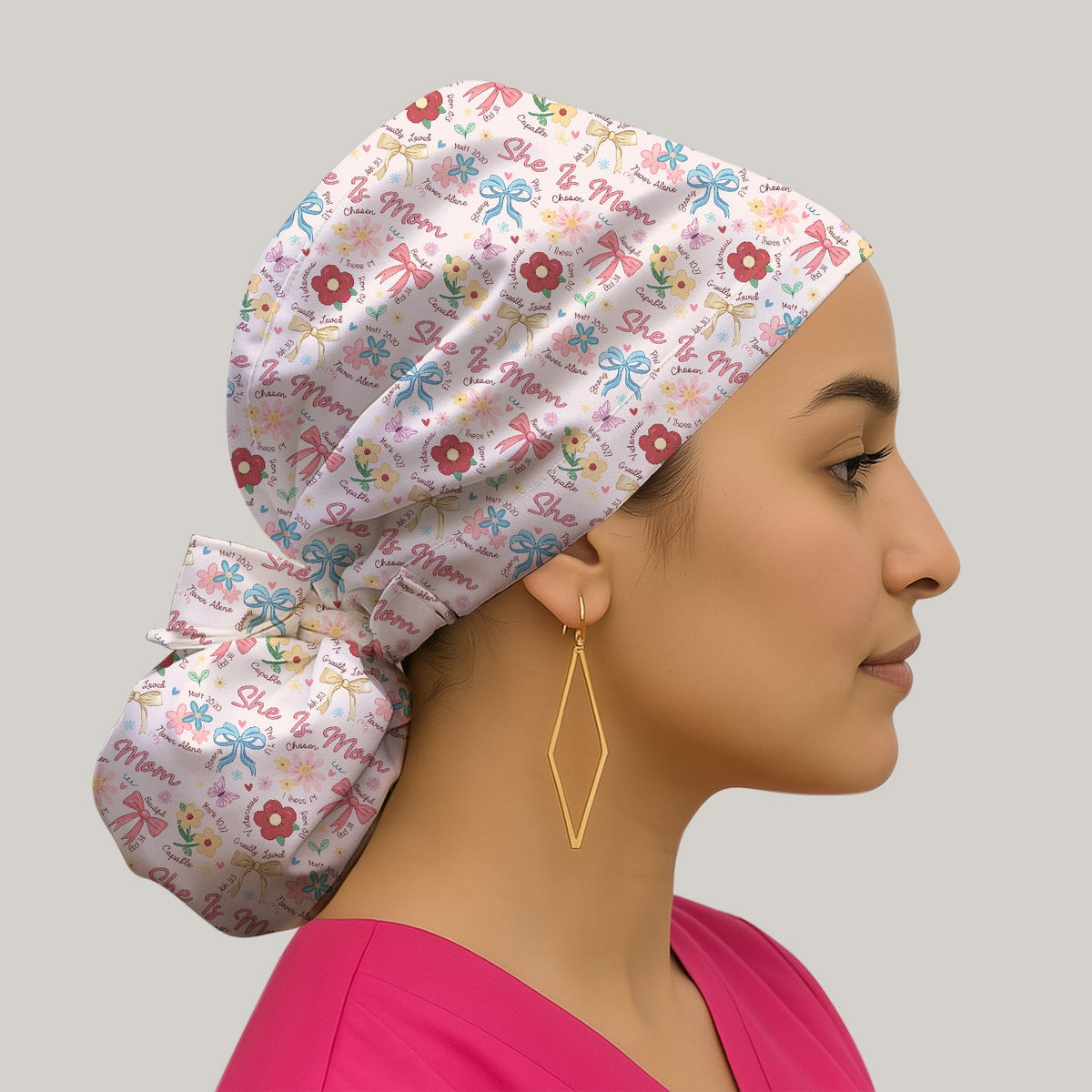 She Is Mom Floral Bow Scrub Cap