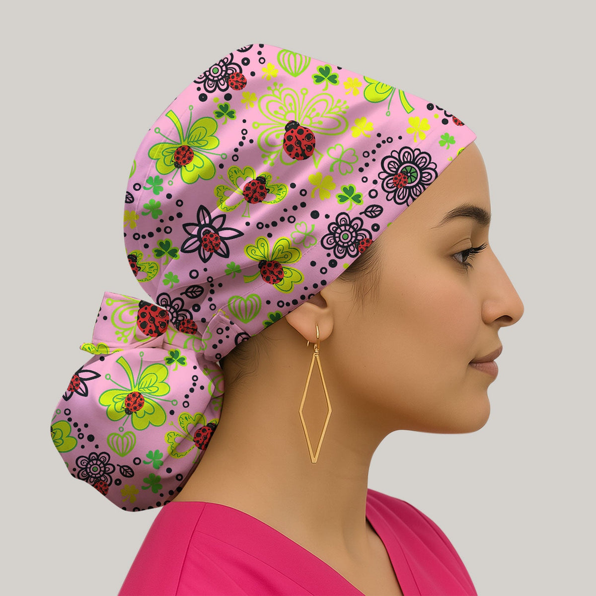 Ladybug Clover Floral Scrub Cap