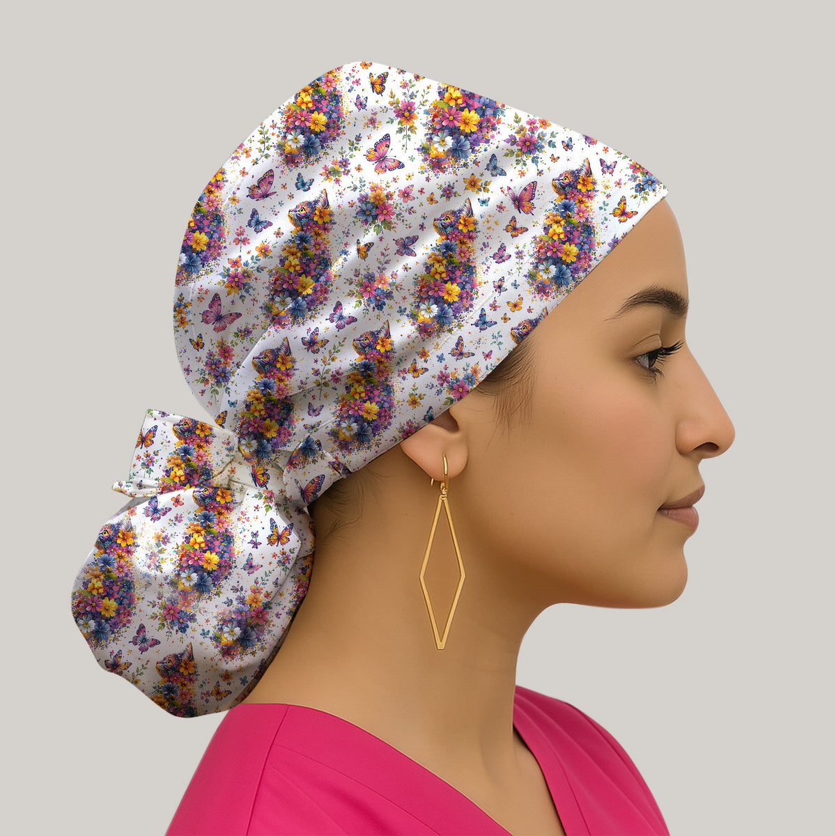 Floral Cat Butterfly Scrub Cap
