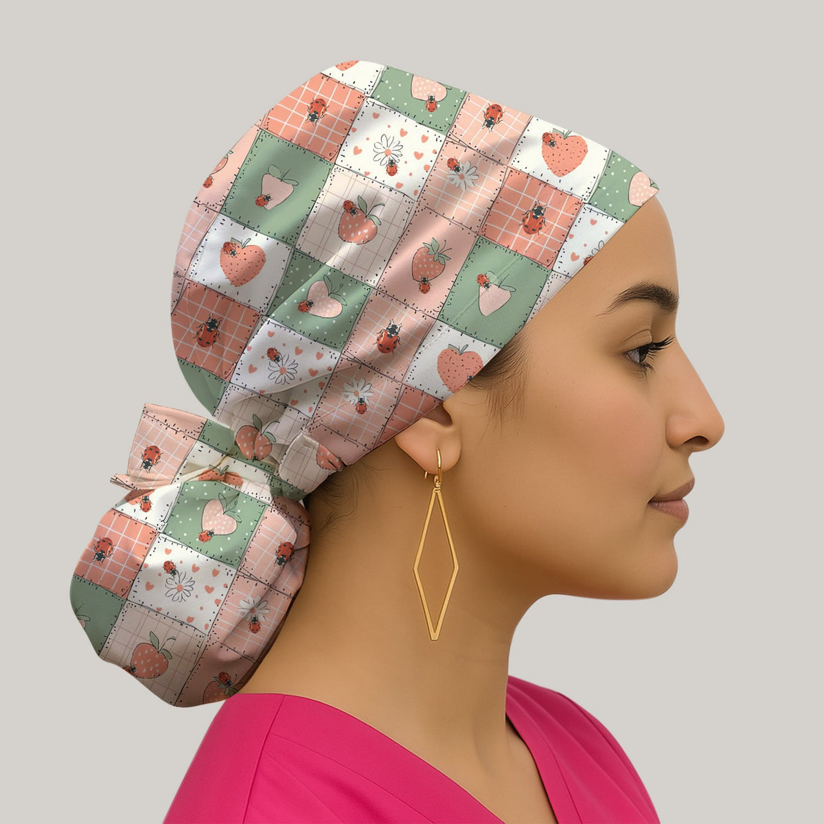 Strawberry Ladybug Patchwork Scrub Cap