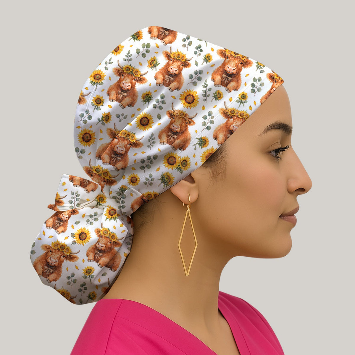 Rustic Highland Cow Floral Scrub Cap