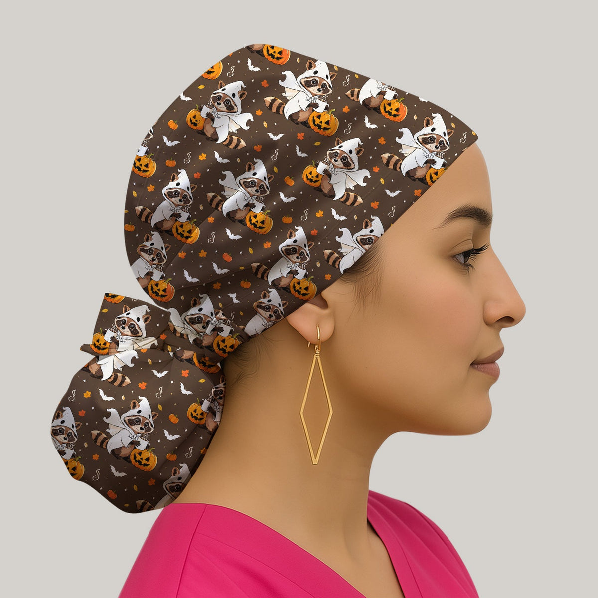 Ghost Raccoon Pumpkin Scrub Cap - Halloween Gift For Nurse