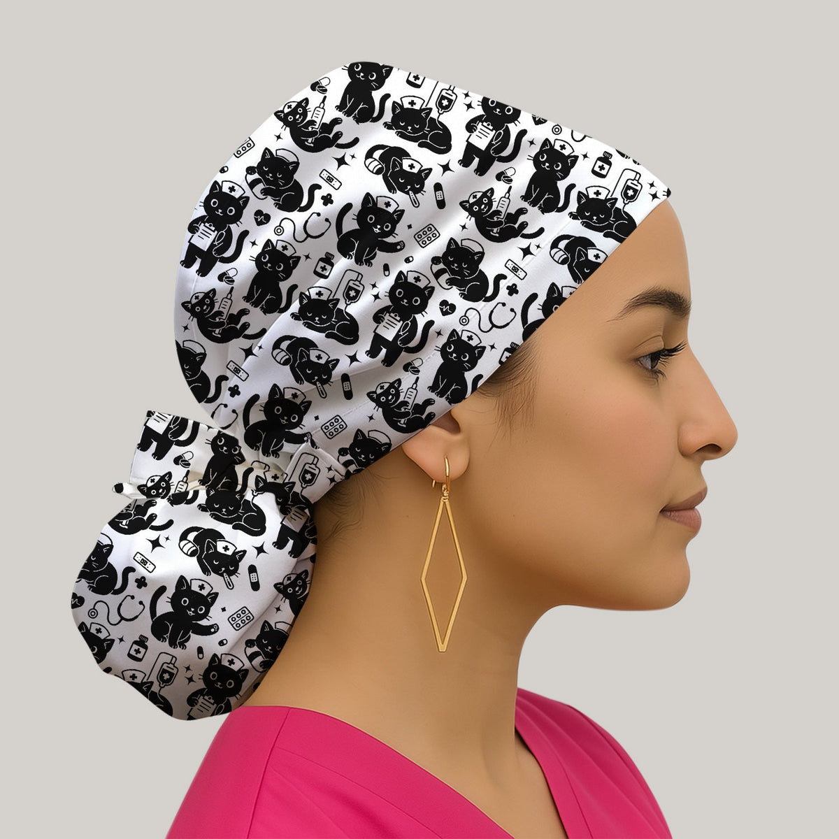 Cute White Black Cat Nurse Scrub Cap