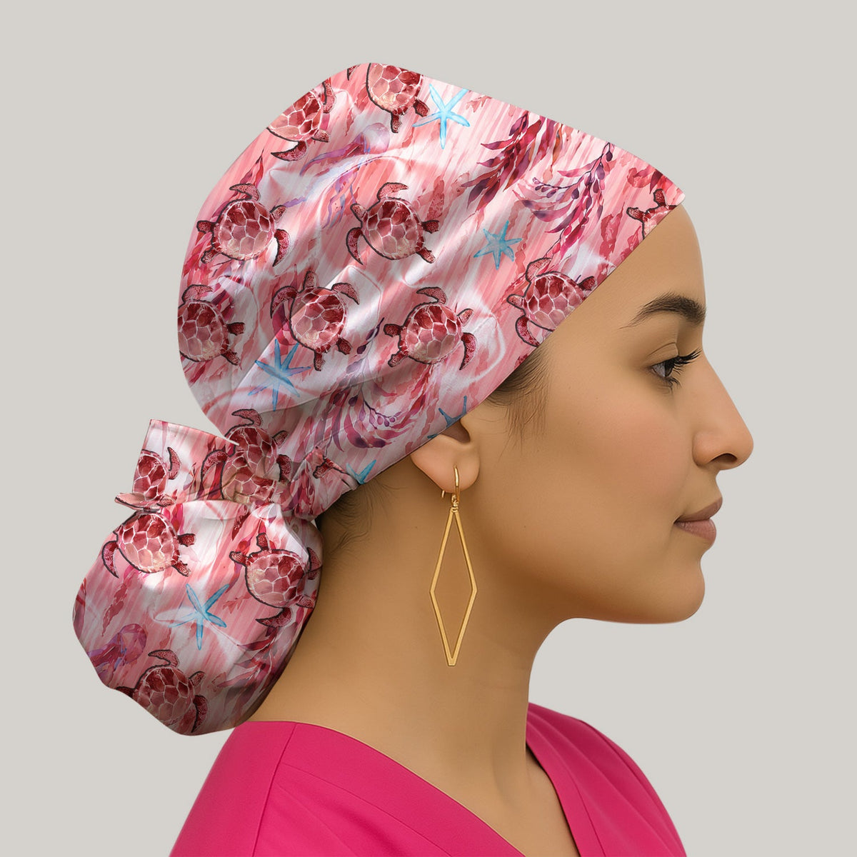 Pink Sea Turtle Ocean Scrub Cap