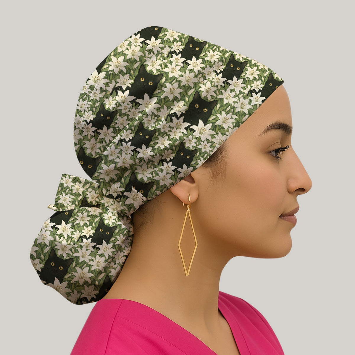Black Cat Hidden In Lily Garden Scrub Cap