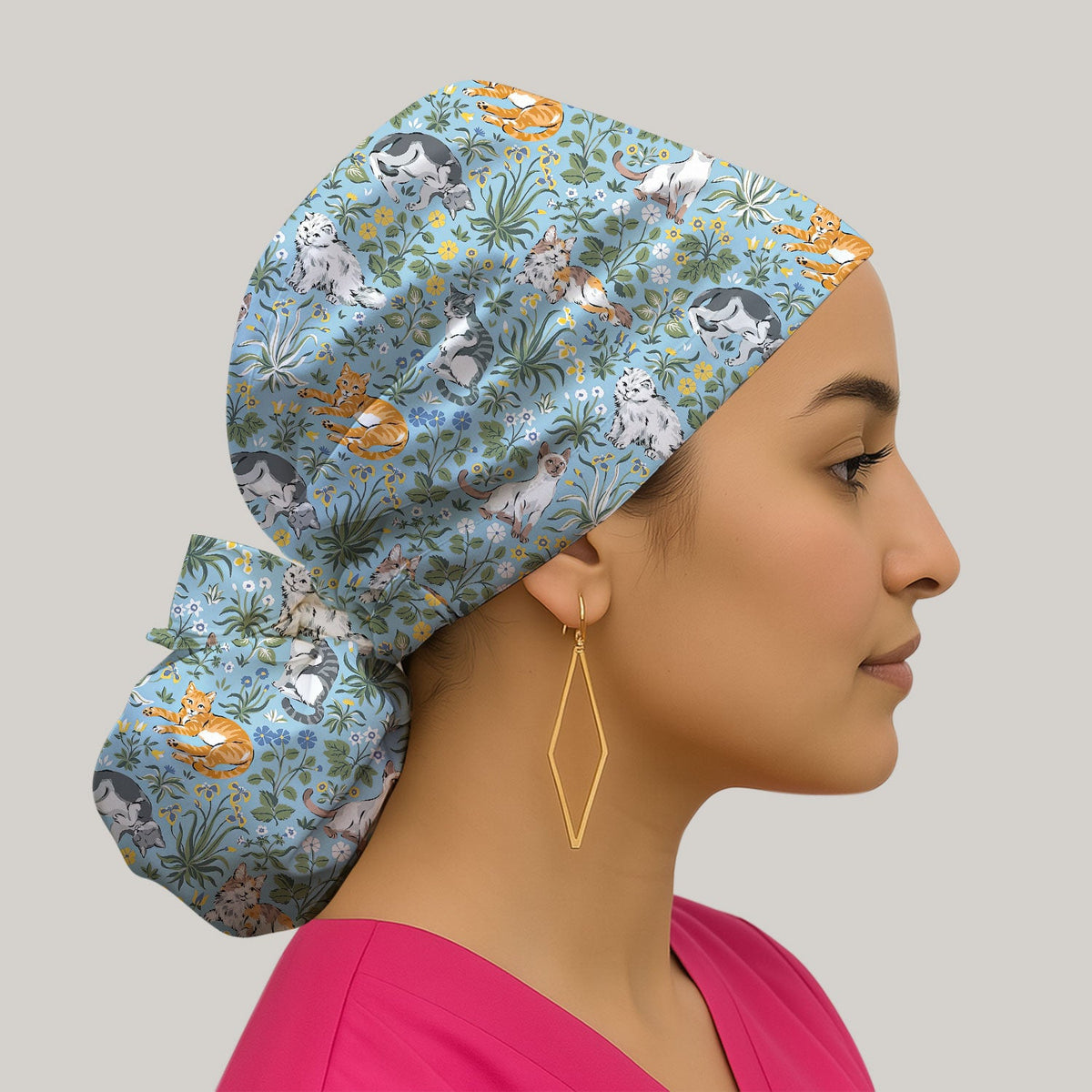 Floral Cat Garden Scrub Cap