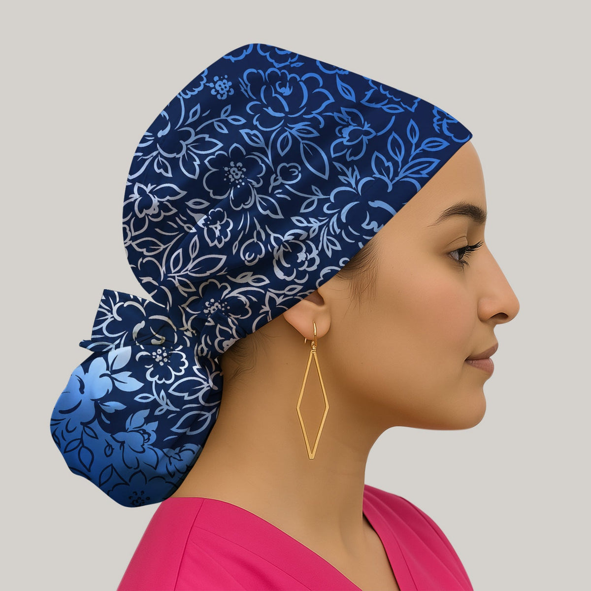 Navy Botanical Flower Scrub Cap
