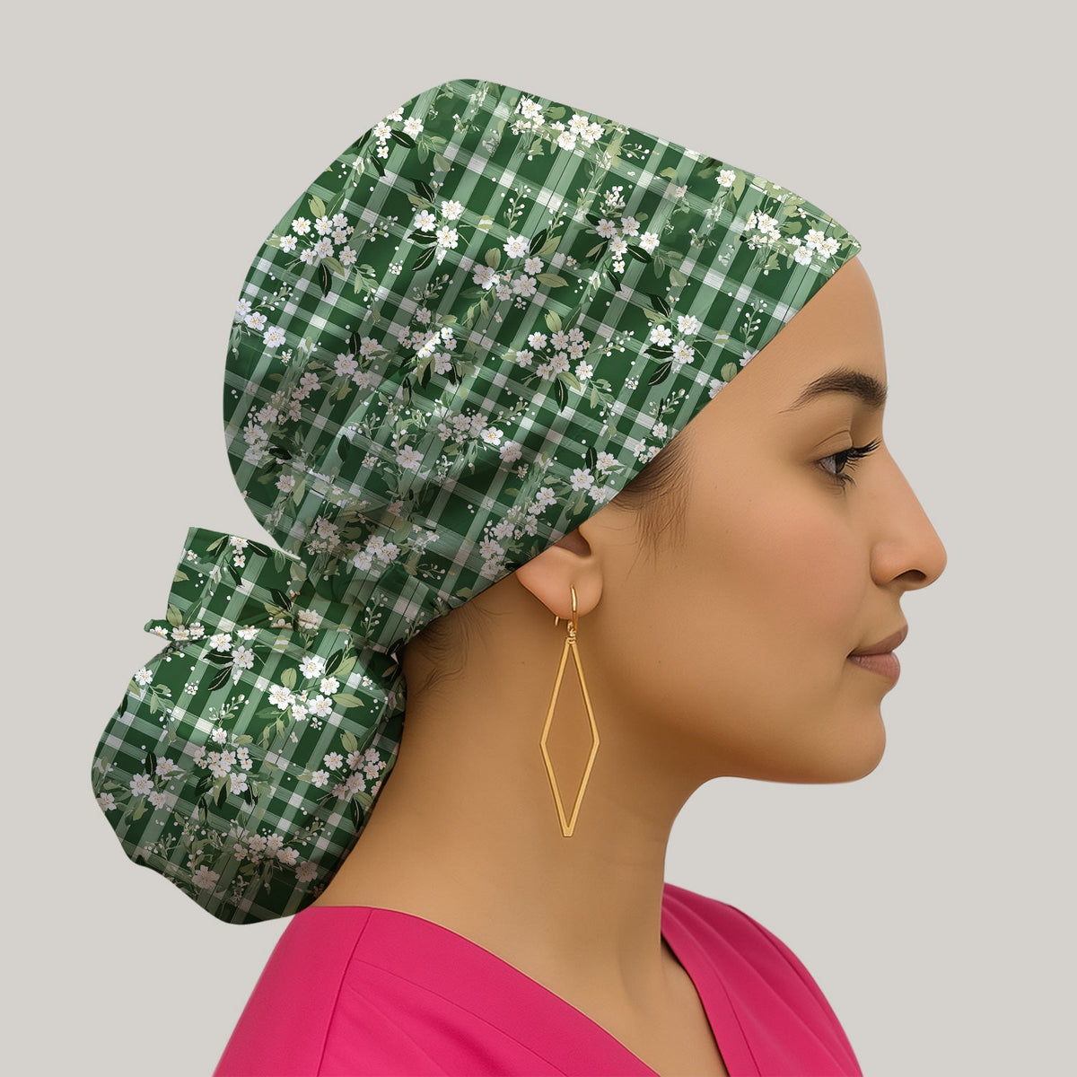 Green Gingham Floral Scrub Cap