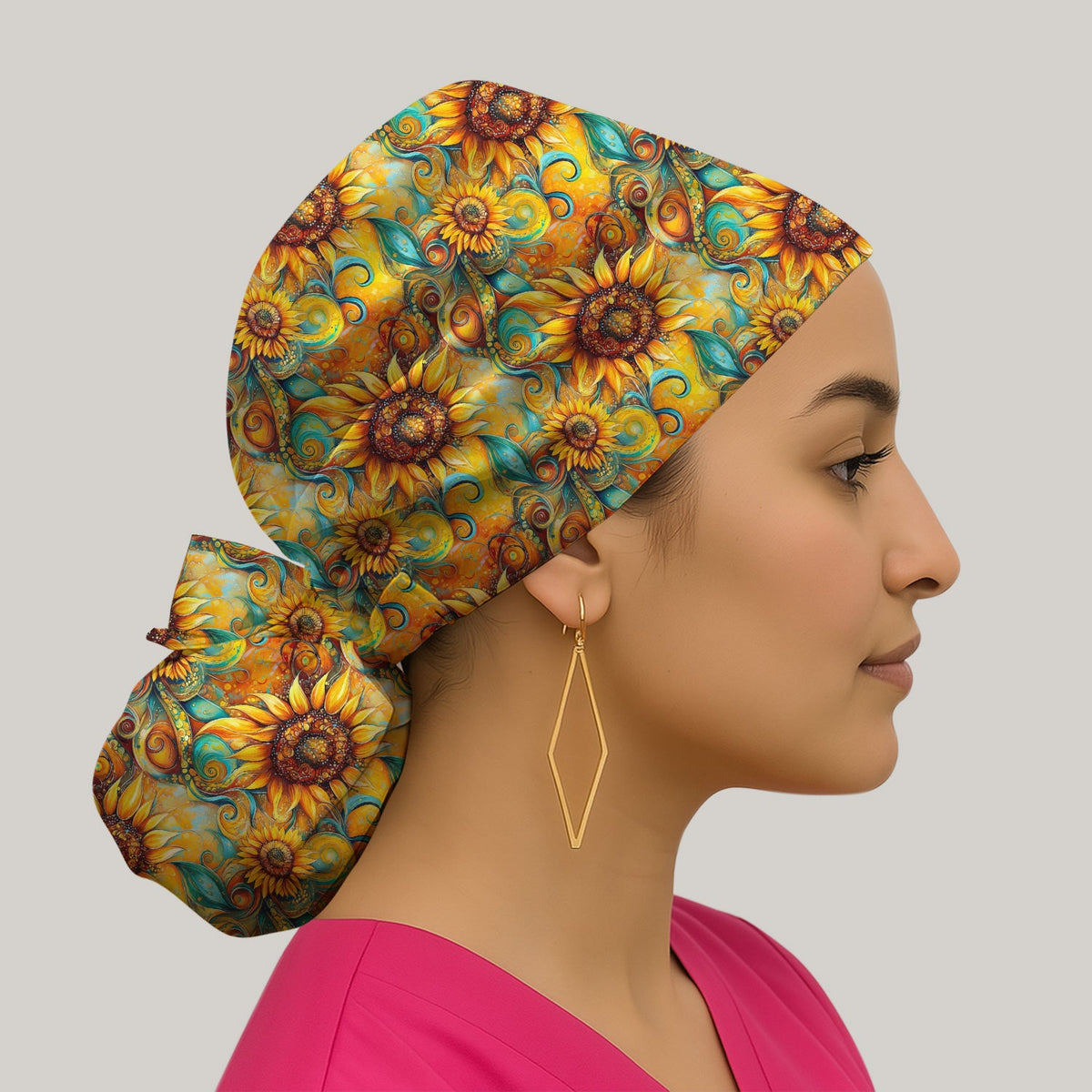 Sunflower Swirl Floral Scrub Cap