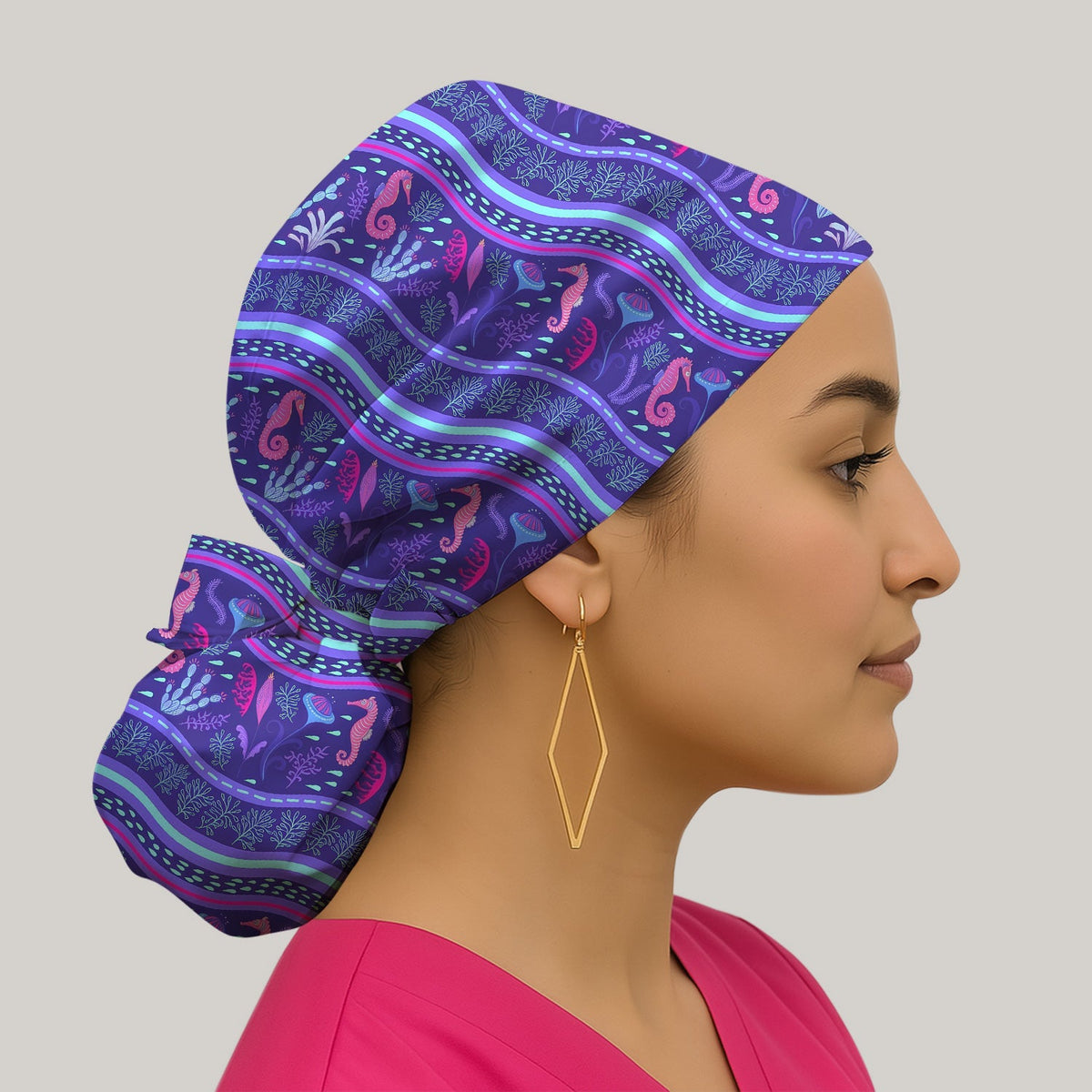 Purple Seahorse Ocean Pattern Scrub Cap