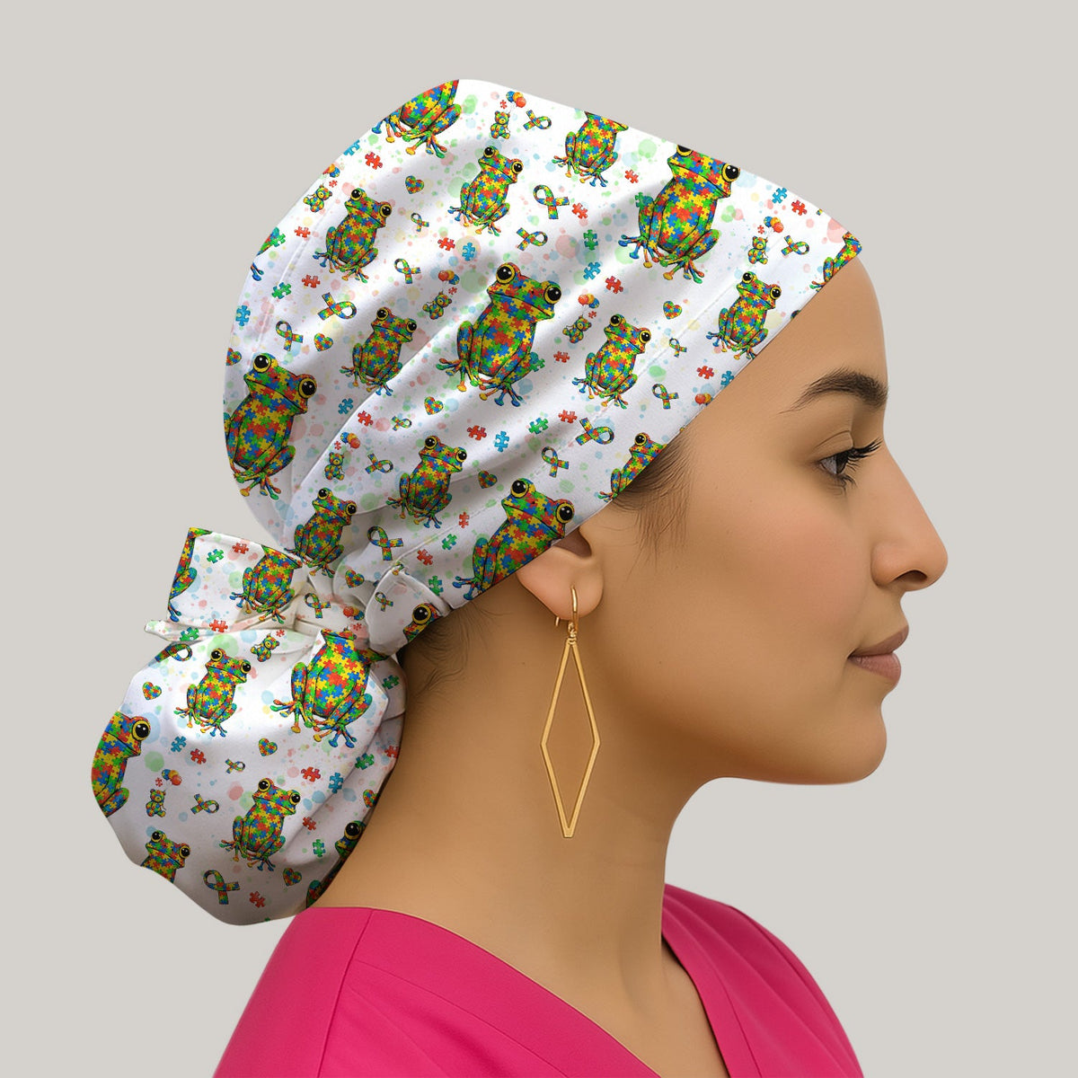 Colorful Autism Puzzle Frog Scrub Cap