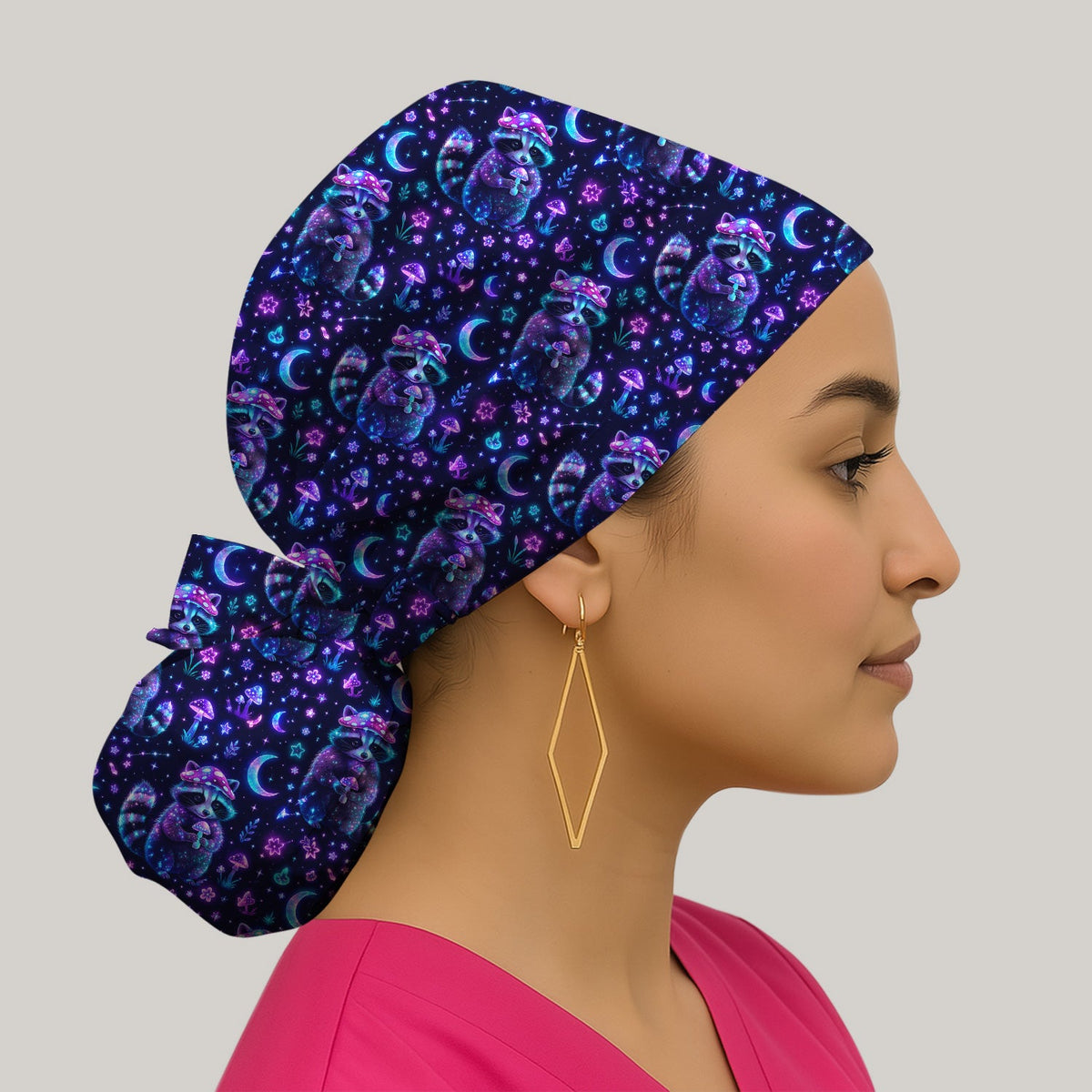 Neon Mushroom Raccoon Moonlight Scrub Cap