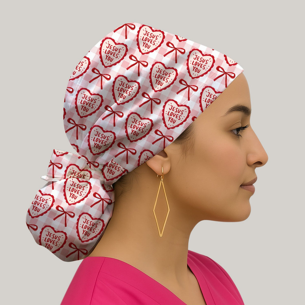 Jesus Loves You Heart Plaid Scrub Cap