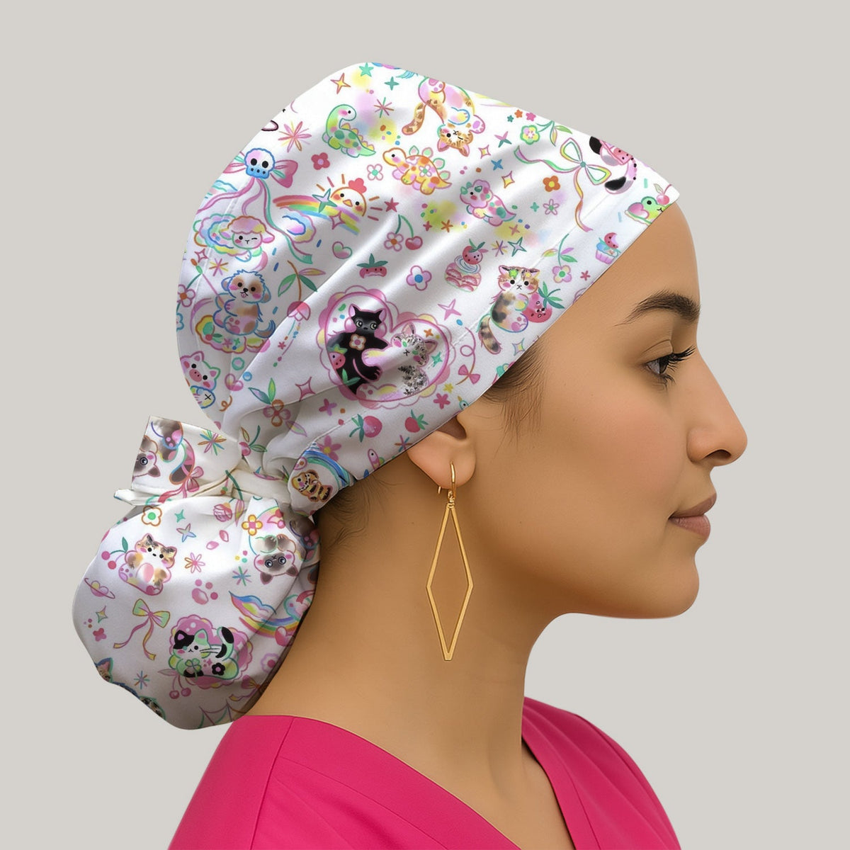 Kawaii Animal Rainbow Heart Scrub Cap