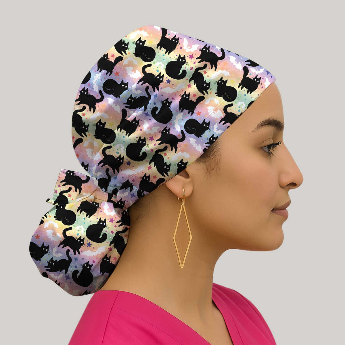 Pastel Star Black Cat Nurse Scrub Cap