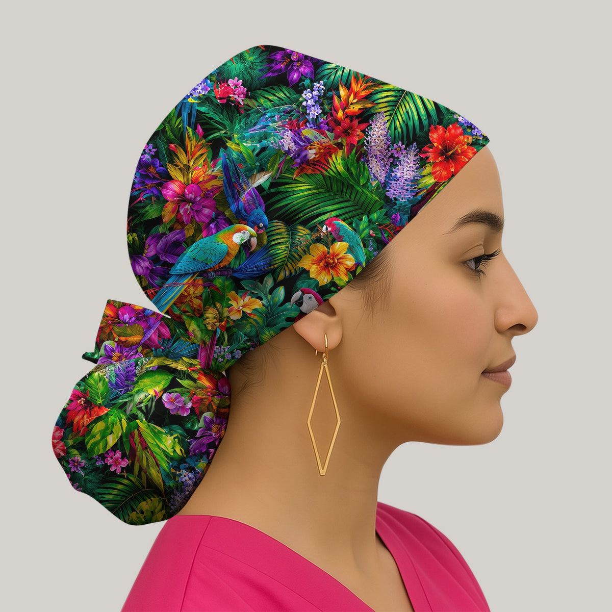 Tropical Parrot Jungle Blossom Scrub Cap