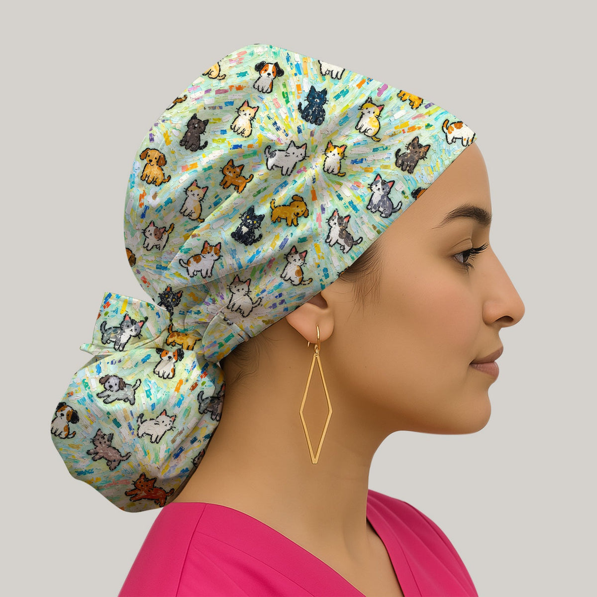 Colorful Cats Dogs Doodle Scrub Cap