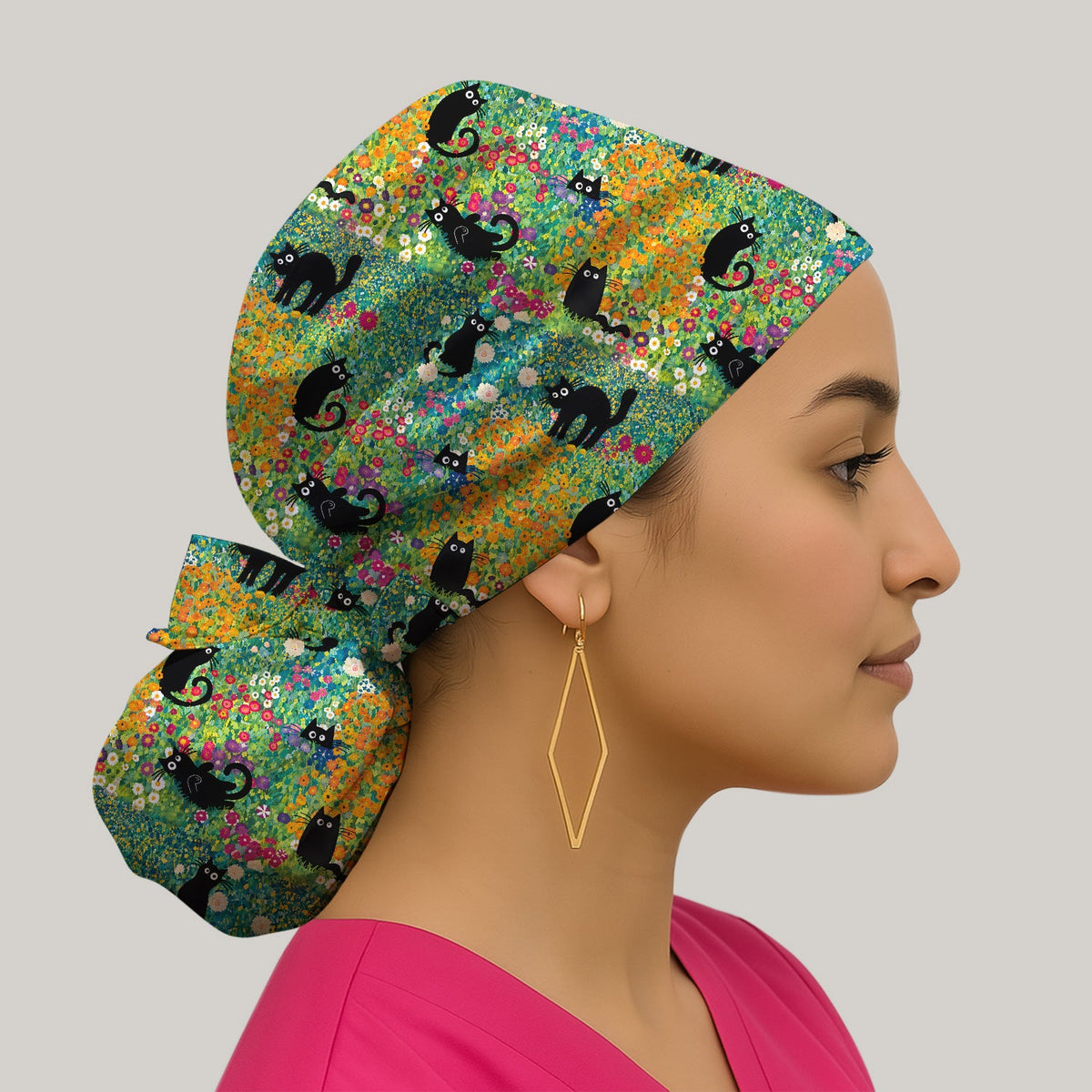 Black Cat Flower Garden Scrub Cap