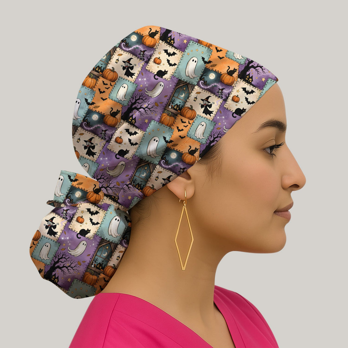 Spooky Ghost Black Cat Patchwork Scrub Cap