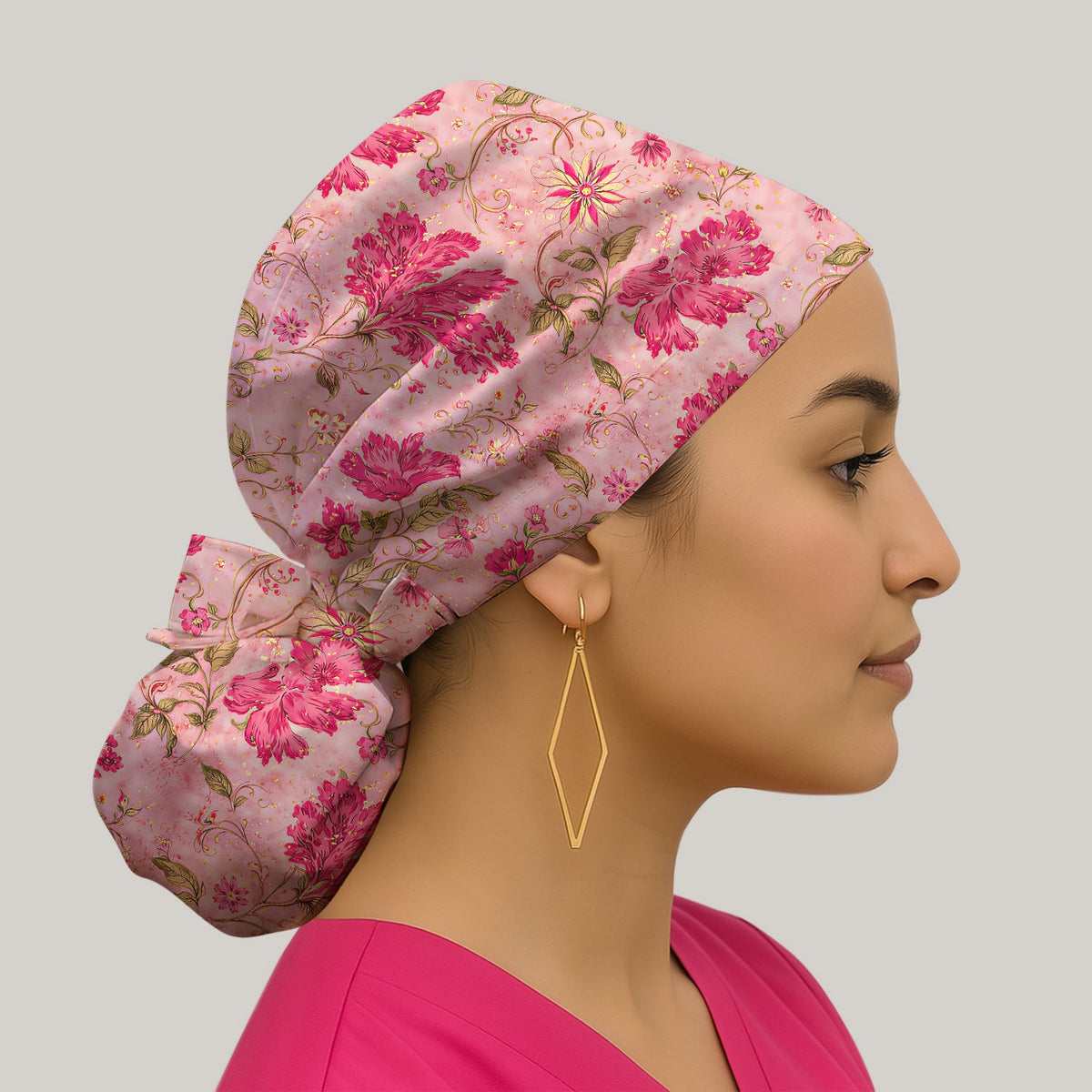 Elegant Pink Floral Vine Scrub Cap