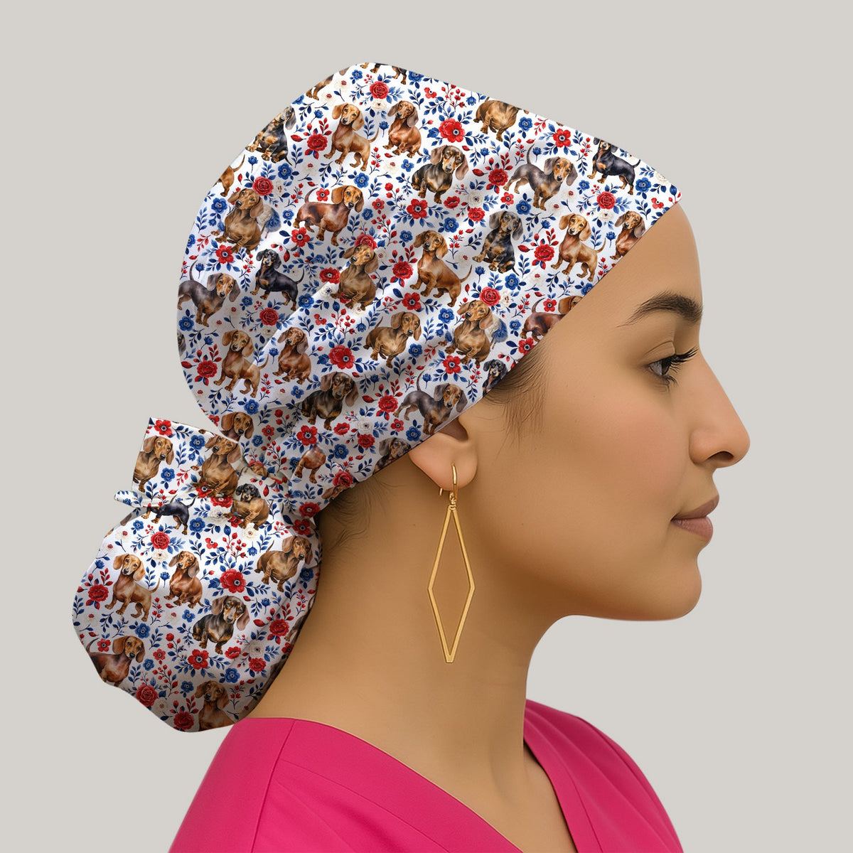 Floral Dachshund Nurse Scrub Cap