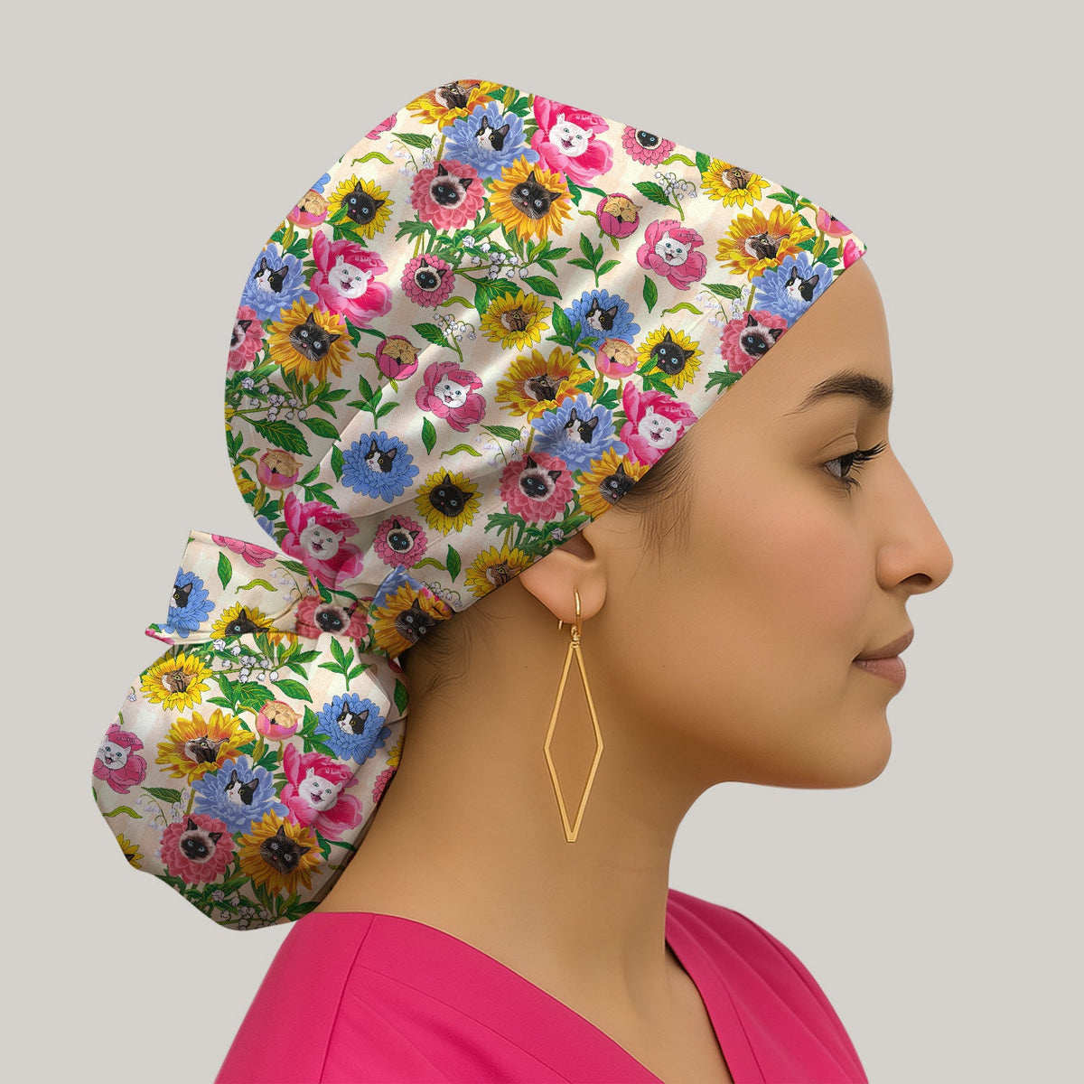 Cat Face Flower Garden Scrub Cap