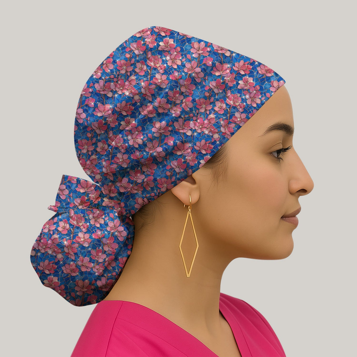 Pink Cherry Blossom Floral Nurse Scrub Cap