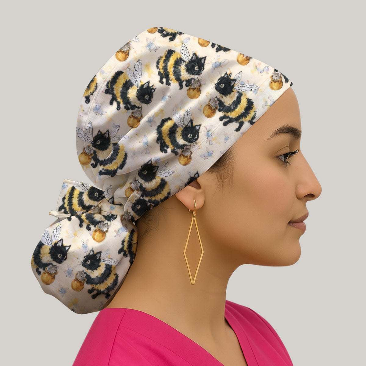 Adorable Bumblebee Cat Honey Jar Scrub Cap