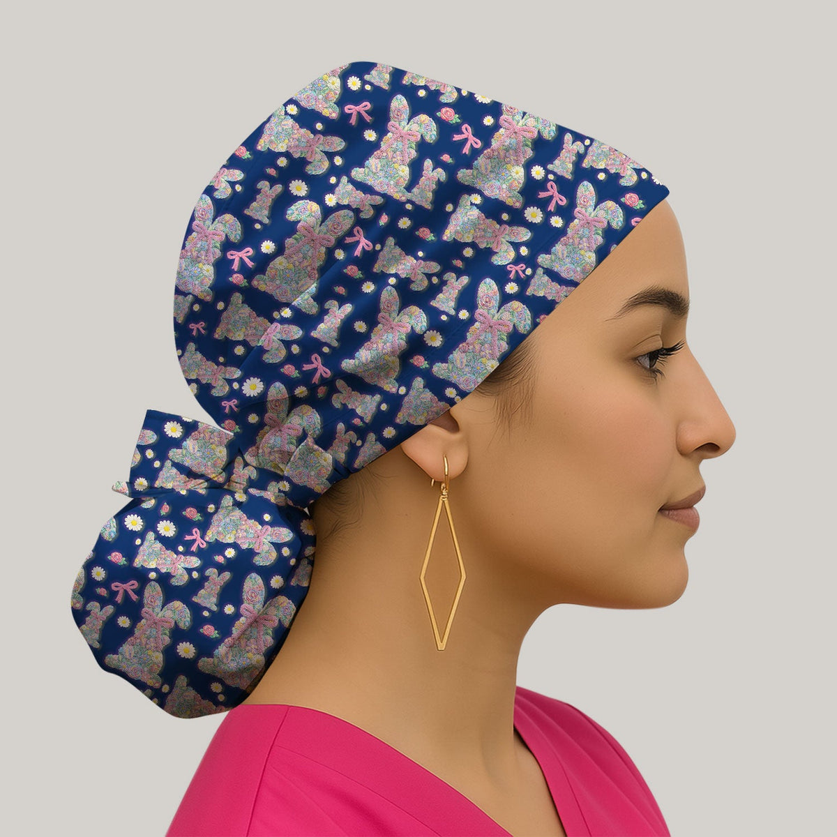 Colorful Floral Bunny Pink Bow Scrub Cap