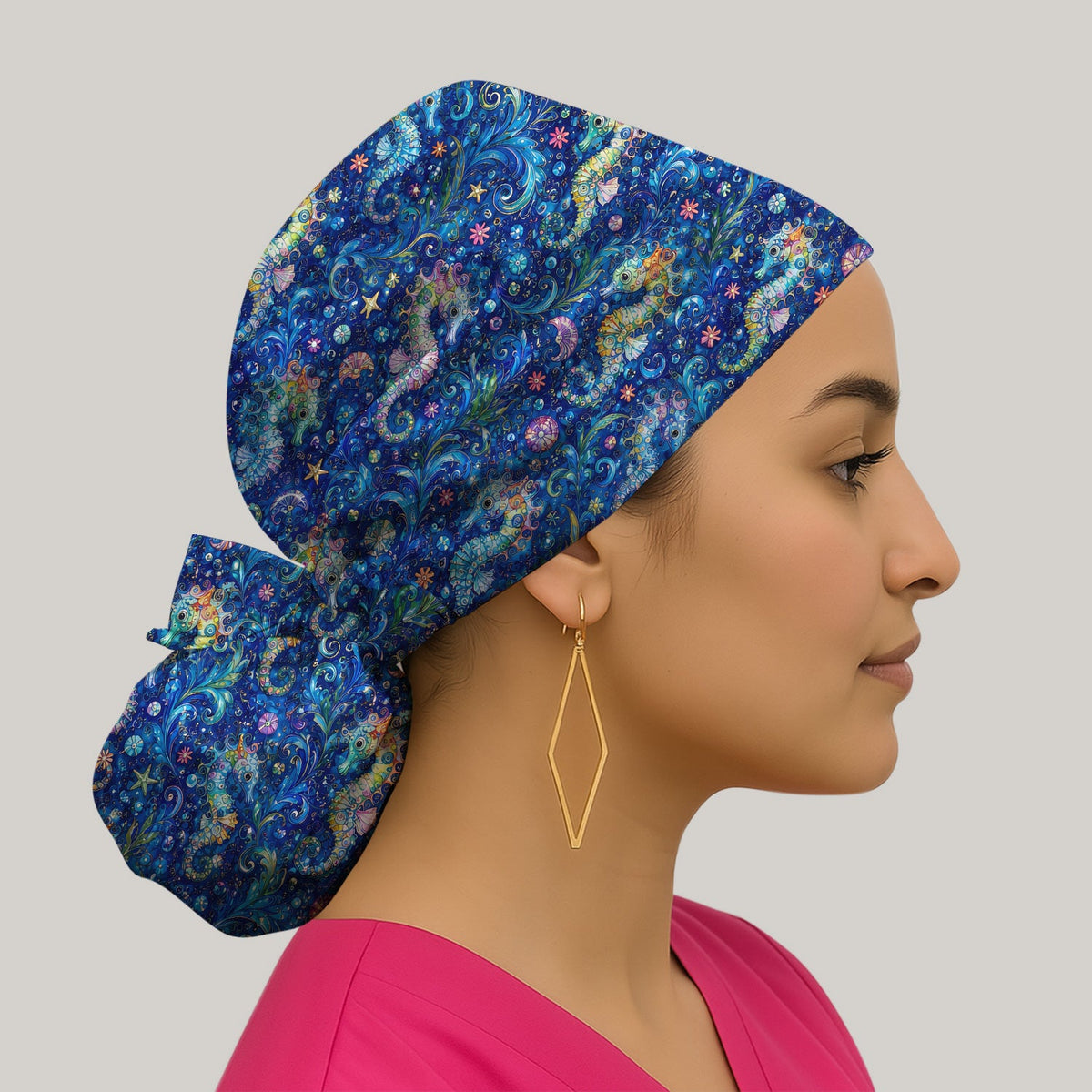 Vibrant Seahorse Ocean Swirl Scrub Cap