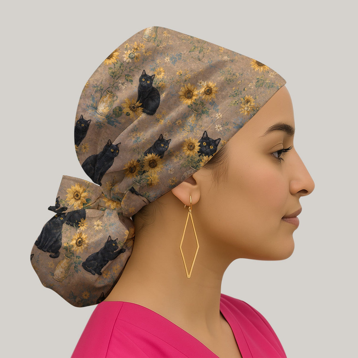 Rustic Sunflower Black Cat Scrub Cap